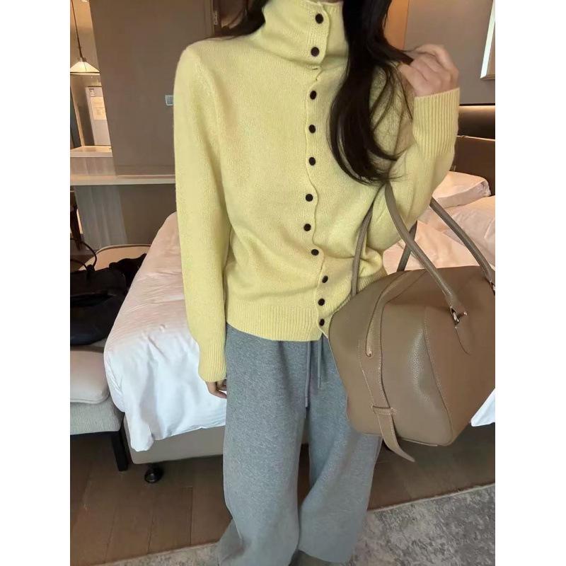 Women's High-Neck Wool Cardigan - Korean Style Single-Breasted Knit for Autumn/Winter
