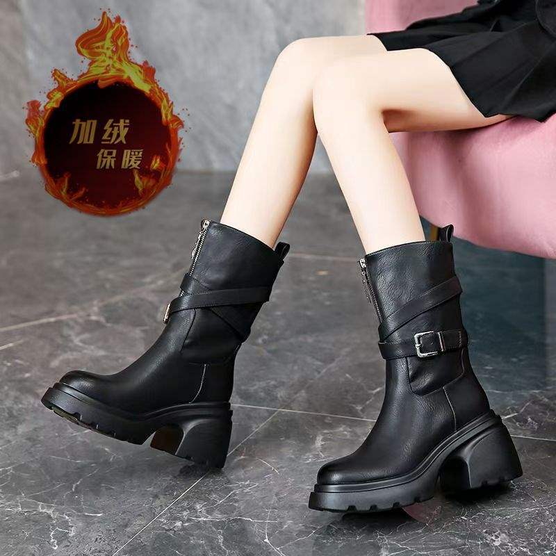 Korean Version of Thick-soled Heightening Small Girls Autumn and Winter Velvet Martin Boots 2025 New Belt Buckle Medium Tube Knight Boots