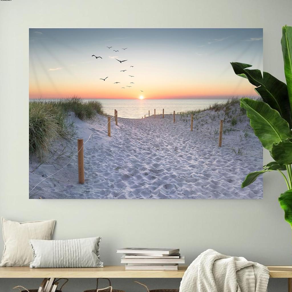 TUGCAY Ocean Beach Tapestry Sunset Seabird Seaside with Grass Wall Hanging Tapestries Nature Landscape Tapestry for Bedroom Living Room Dorm Decor,