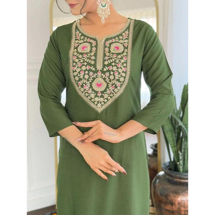 Women's Rayon Embroidered Straight Kurta with Pant and Dupatta Sets (Available In Plus Size)