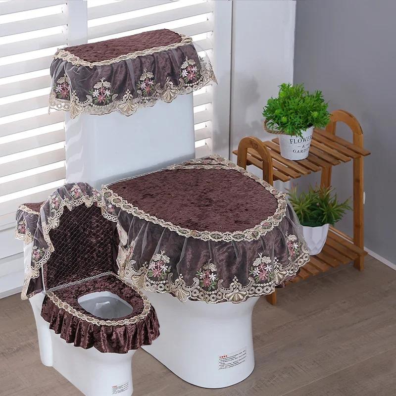 3PCS Velvet Skirt Style Toilet Mat Embroidered Lace Decorated Toilet Seat Mat Printed Dust Cover of Toilet Closestool