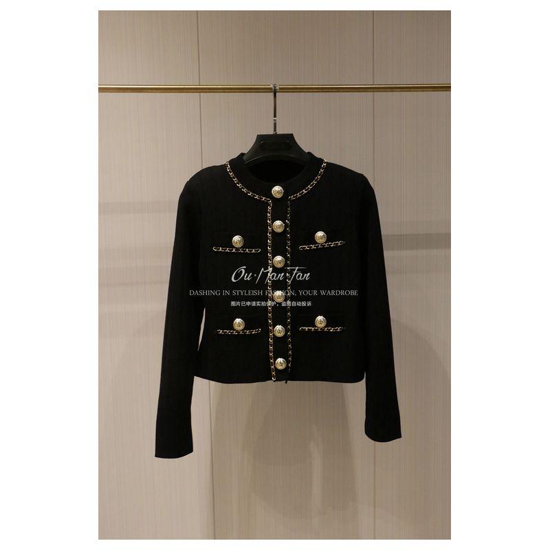 

Classic Style Knitting Cardigan Women s Short Slim-Fit Figure Flattering Sweater Chain Gold Buckle Coat Top 2025 Fall and Winter New Arrival Black XL
