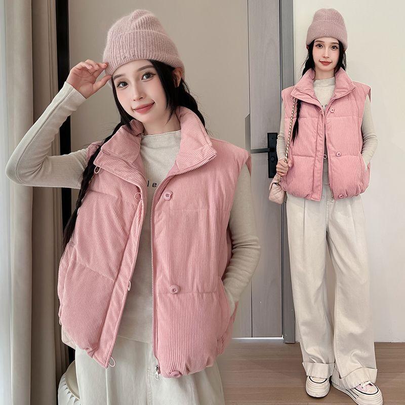 

Women Corduroy Short Padded Vest Winter Loose Sleeveless Jacket Korean Style Casual Outerwear M рожевий
