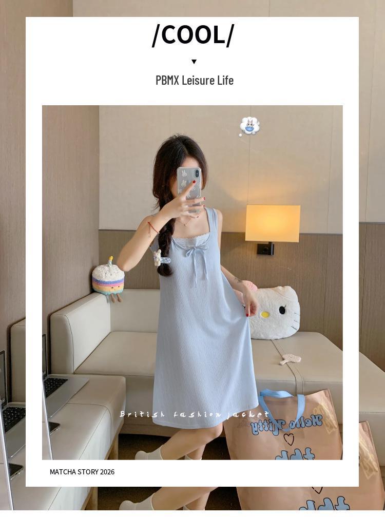 2026 Summer Blue Sleeveless Nightgown with Chest Pads - Women's Sweet Pure Desire Style