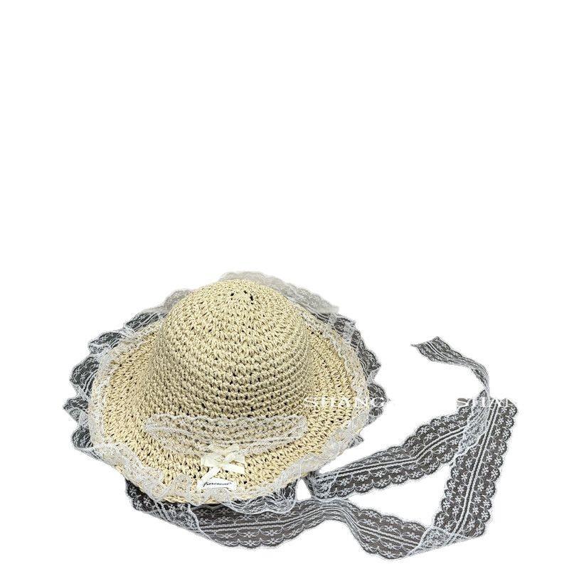 Bow lace streamer straw hat women's summer beach vacation sunshade sunscreen foldable sun hat parent-child hat