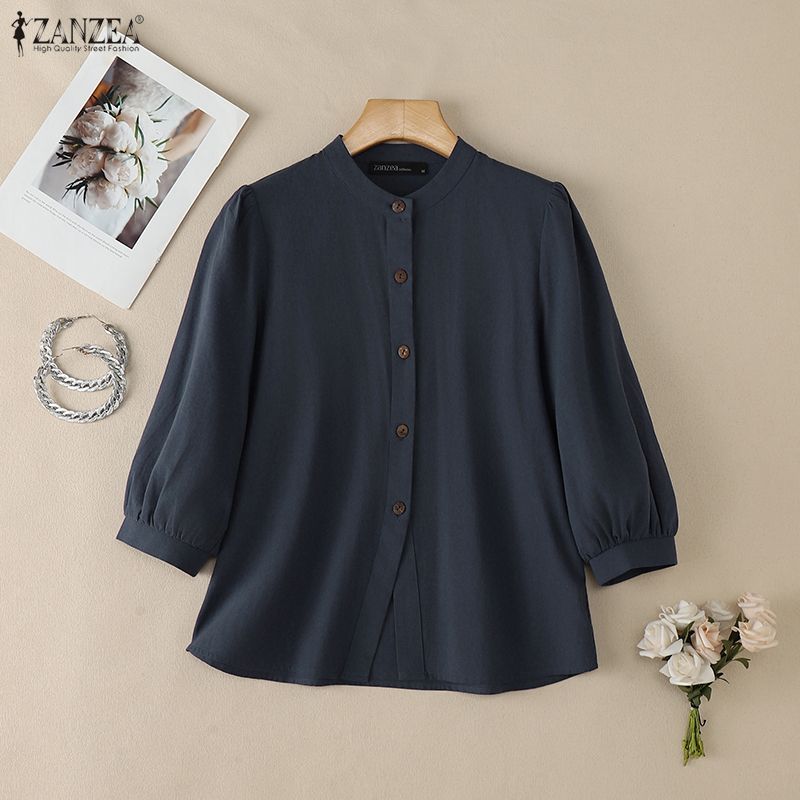 ZANZEA Blouse décontractée pour femme à col montant, ample, manches 3/4, en coton