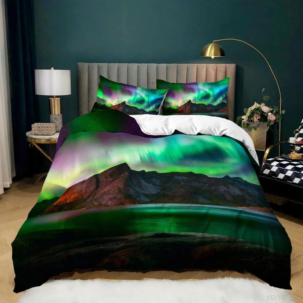 Aurora Borealis Duvet Cover King Queen Pale Weather Over The Hills with Waterfall Creek Nature Landscape Polyester Bedding Set
