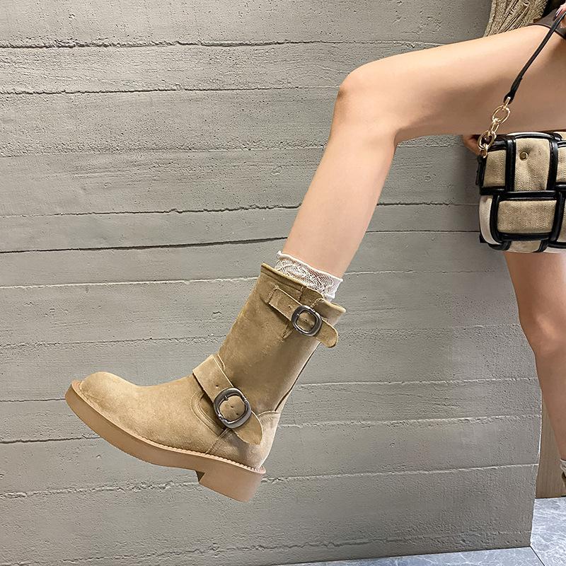 Cowhide version stacking boots small thick heel inner height increase Martin boots women's retro metal buckle round head locomotive boots short boots