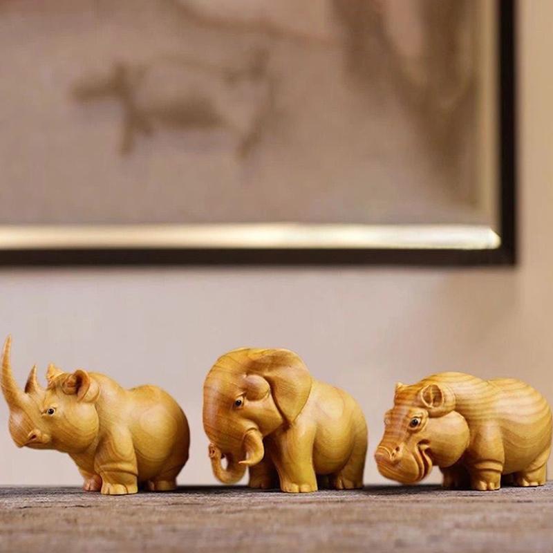 1PC Manual Wood Carving Wooden Product Rhino Hippo Elephant Room Home Decor Car Ornaments Decoration Sculptures & Figurines