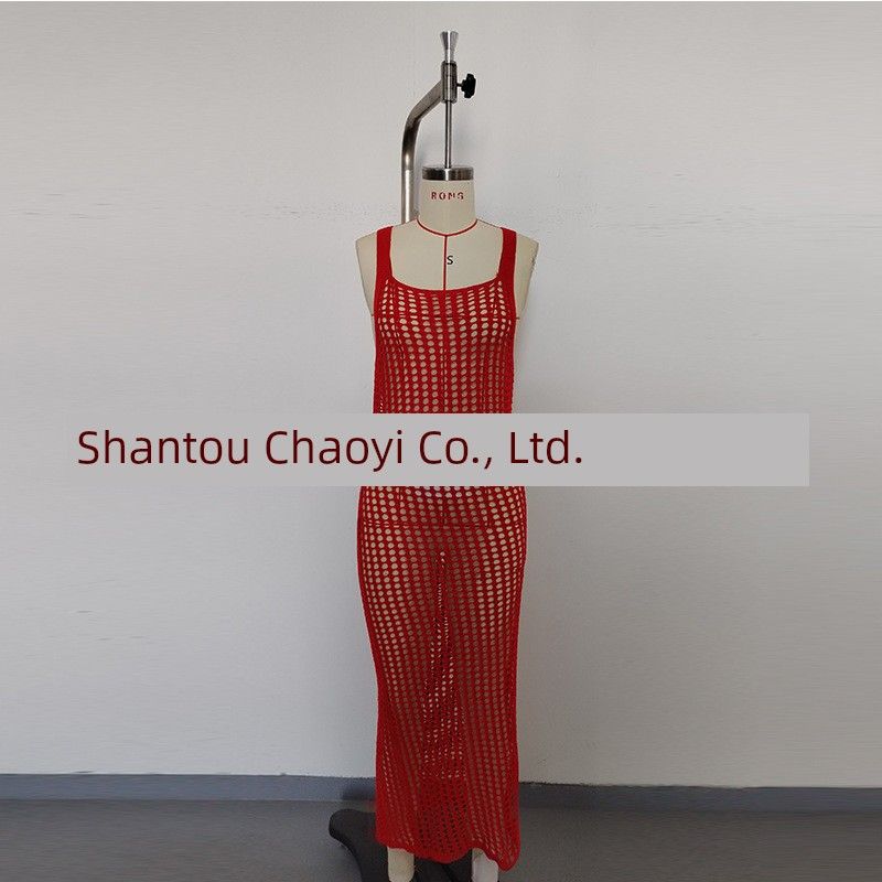 

2025 Fashion New Beach Dress Silm Sexy Open Back Blouse Knitting Suspenders Outer Wear Dress Red L