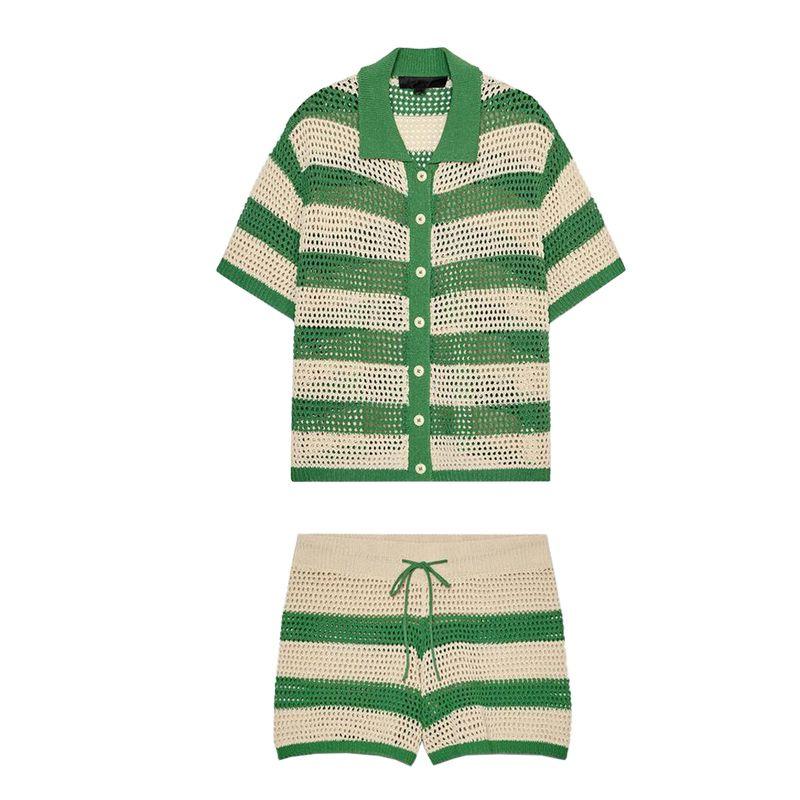 Young Knitted Short sleeve Polo Shirt Collar Outerwear 3920284 Lace-up High Waist Knit shorts 3920285