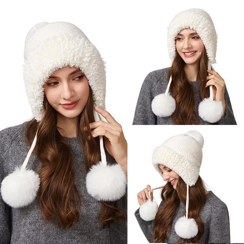 Cashmere Thick Knitted Hat Women's Warm Three-Ball Pullover Cap Outdoor Cold-Proof Ear Protection Plush Cap