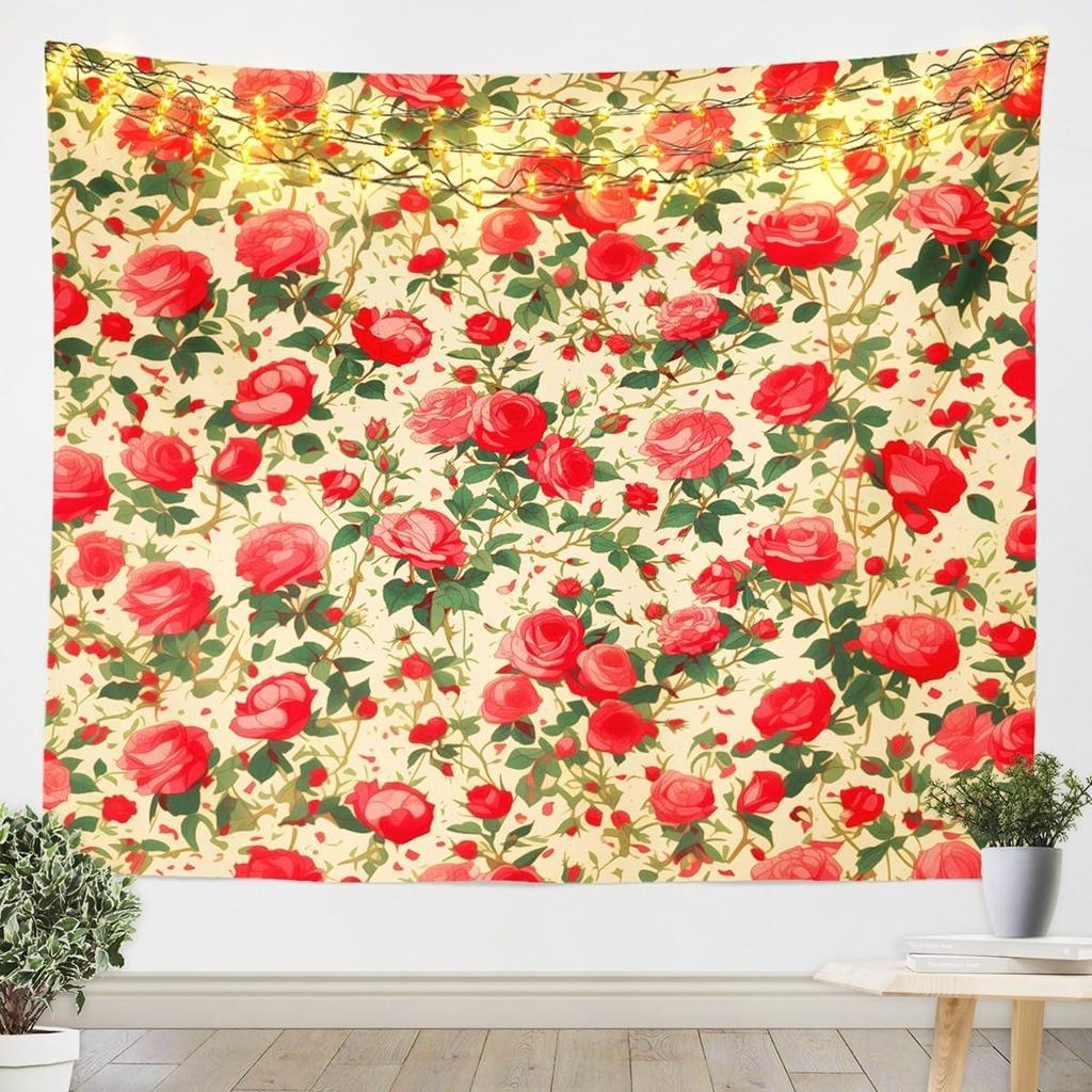 3D Peach Tapestry For Bedroom Aesthetic White Flower Tapestry Chic Rustic Floral Wall Tapestry,Green Leaves Tapestries Pink And