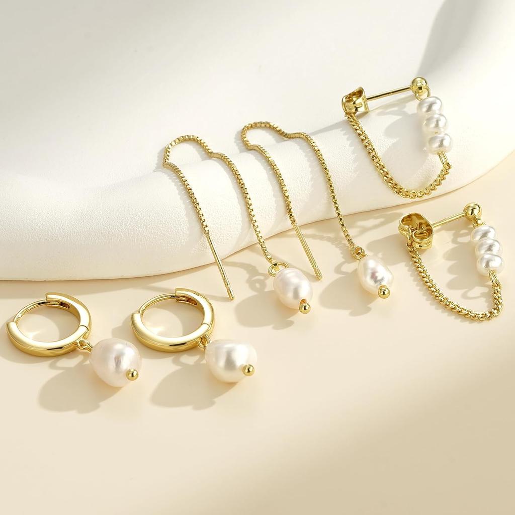 3 Pairs Hypoallergenic Pearl Dangle Hoop Earrings Sets for Women | Dainty Pearl Dangle Hoop Earrings, Mismatched Threader Stud Earrings Stack 14K