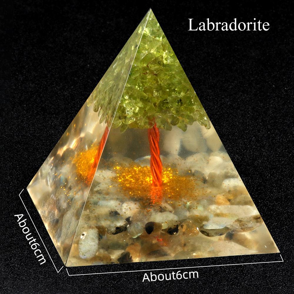 1Pc Natural Stone Chip Pyramid Ornament Decorative, Reiki Healing Crystal Furnishings, Tree of Life Pyramid  Class Desktop Home Decor Jewelry Gift