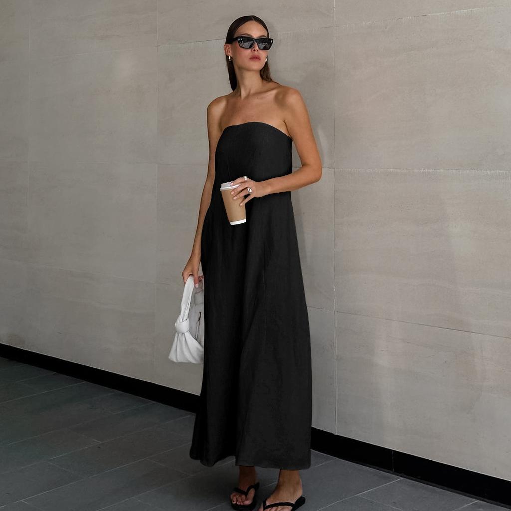 Summer New Vacation Style French Dress Khaki Cotton Linen Strapless Backless Long Dress for Women