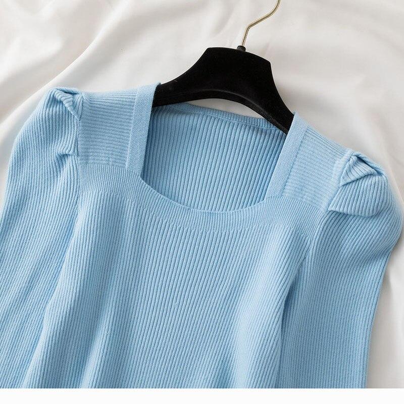 Elegant Square Neck Autumn Sweater Women 2023 Puff Long Sleeve Knitted Pullovers Casual Jumper Fashion Solid Knitwear Women Short Tops 22925