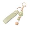 Boho Wood Bead Flower Keychain PU Leather Wrist Strap Metal Key Ring Trendy Bag Pendant for Girls