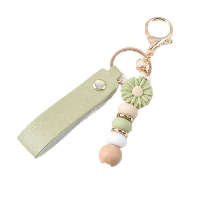 Boho Wood Bead Flower Keychain PU Leather Wrist Strap Metal Key Ring Trendy Bag Pendant for Girls