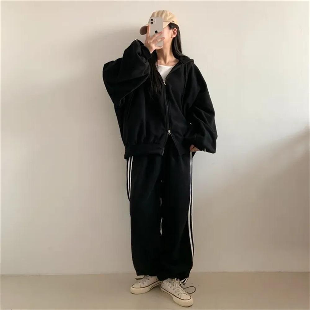 Grey Korean-Style Casual Two-Piece Cotton Blend Sweatshirt Set for Women - Spring/Autumn Fashion Patchwork Design