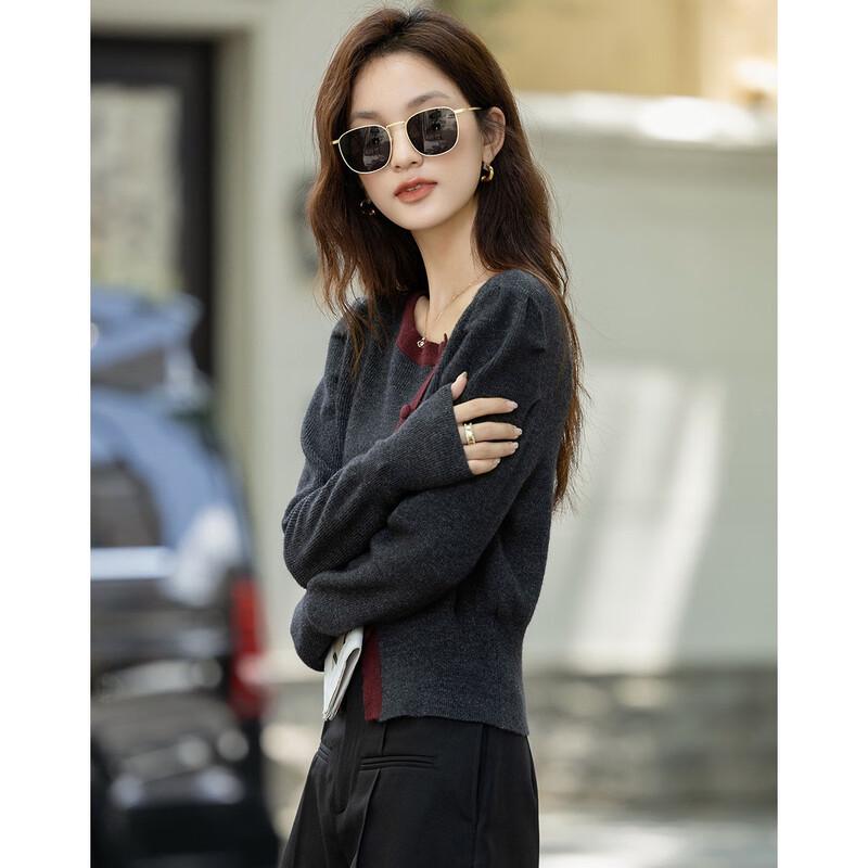 Demana Women's Autumn Elegant Colorblock Knit Top with Puff Sleeves