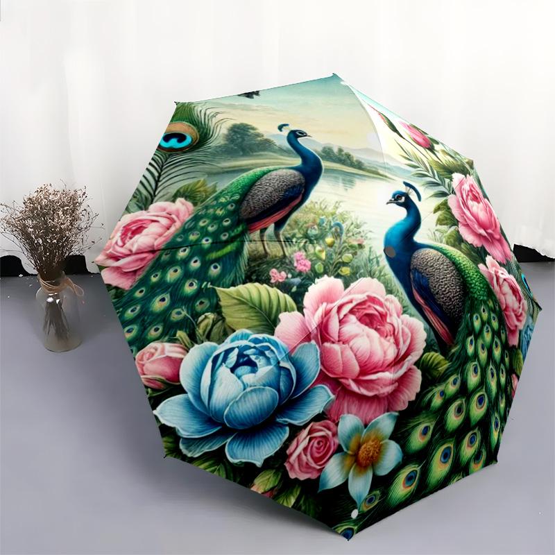 1pc Peacock, feathers pattern Umbrella Portable Folding Umbrella Iron Frame Hole Bone Structure Outdoor Home Umbrella