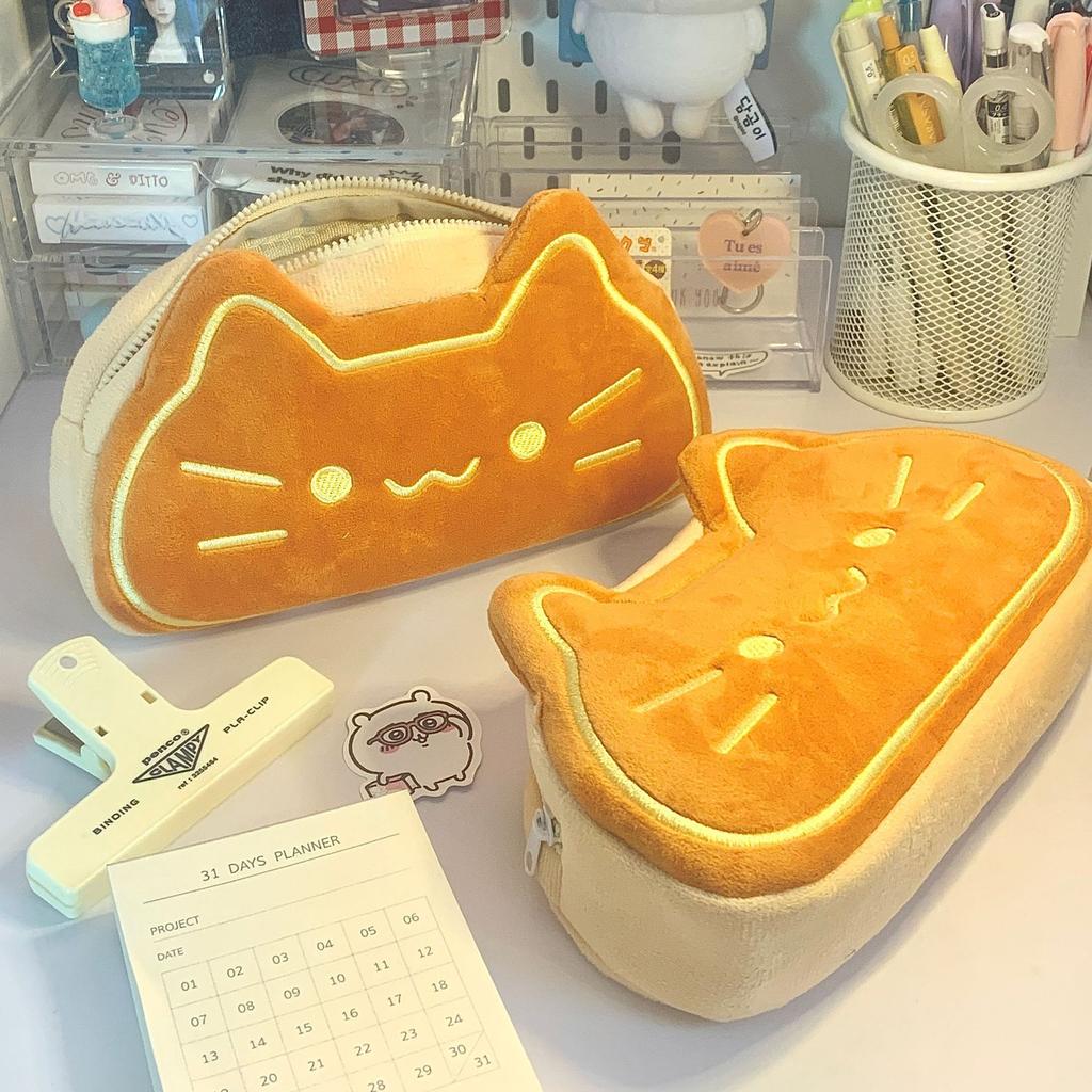 Non-Toxic Cute Caramel Cat Plush Pen Case - Ins Style Kawaii Animal Pencil Organizer Large Capacity Stationery Pouch For Students