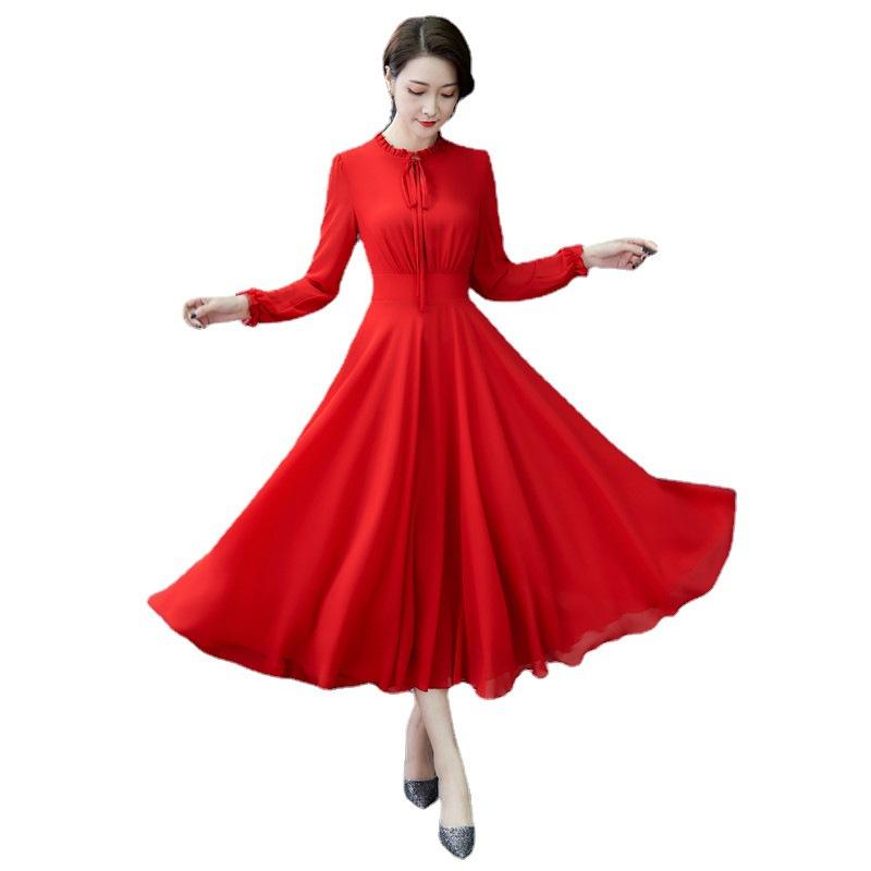 Women's Long Sleeved Lead Pure Color Chiffon Dress Slim And Large Skirt