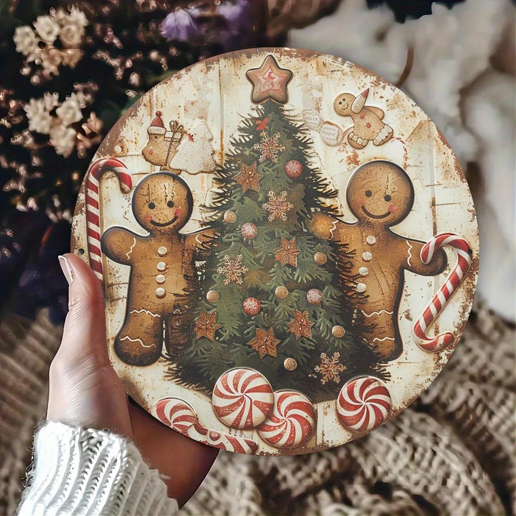 One Retro Gingerbread for Man and Christmas Tree Aluminum Sign x Inch Metal Wall Decor Suitable for Home Restaurant