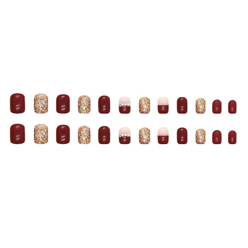 Burgundy Flash Fragments Wear Nail Festive Atmosphere New Year'S Feeling Nail Art Pieces Bridal Fake Nails