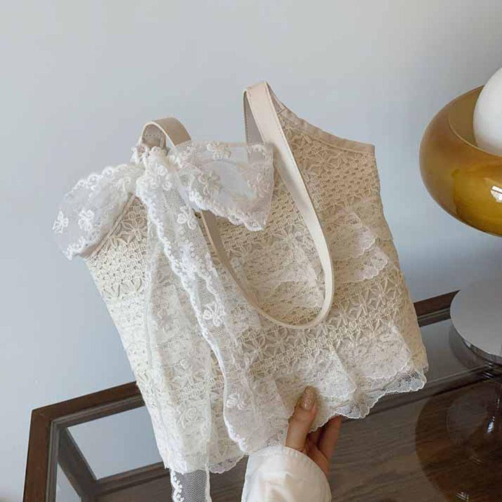 S krajkou a stuhou Taška přes rameno Korejský styl Velkokapacitní taška Nákupní Jednoduchá plátěná kabelka Práce