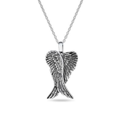 Antiqued Sterling Silver Small Unique Amulet Feather Heart Guardian Angel Wing Pendant Necklace for Women and Teenagers .925