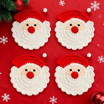 1Pc Handmade Crochet Santa Claus Coaster - Festive Red & White Christmas Decor, Drink Coaster For Holiday Table Setting