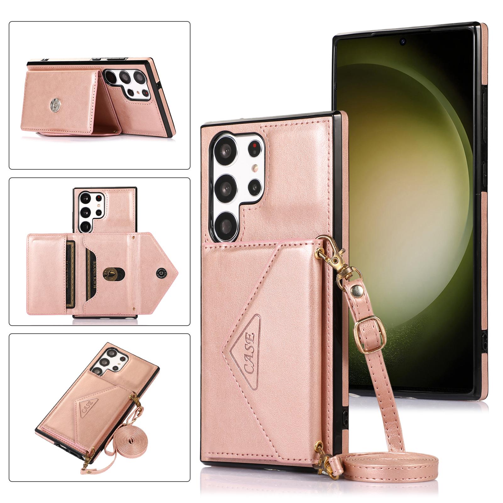 

For Samsung Galaxy S24 Ultra Cell Phone Case Triangle Lid Card Bag Leather+TPU Cover with Long Strap Rose Gold