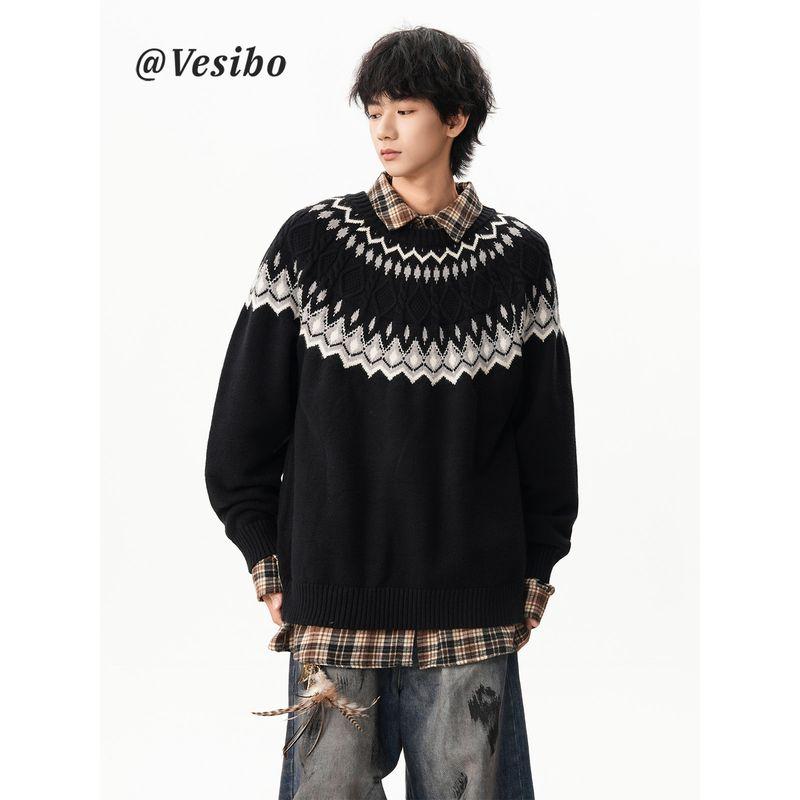 Trendy Fair Isle Cable Knit Sweater for Men, Winter American Style Versatile Crew Neck Knitwear, Vintage Lazy Style Couple's Top