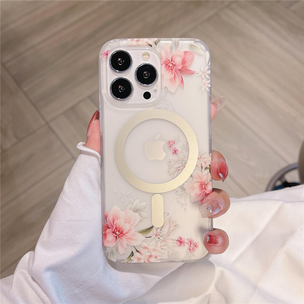 Scrub Floral For Magnetic Wireless Charge Case For For Iphone 17 Air 16 15 14 13 12 11 Pro Max Plus Shockproof Acrylic Cover