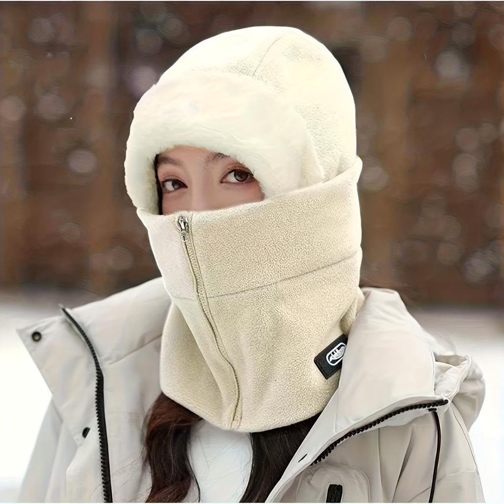 A Personalized Custom Name Hat, Winter Ear Protection Windproof Warm Hat, Thickened Hooded Neck Warmer with Zipper Closure, Face Mask Cycling Hat