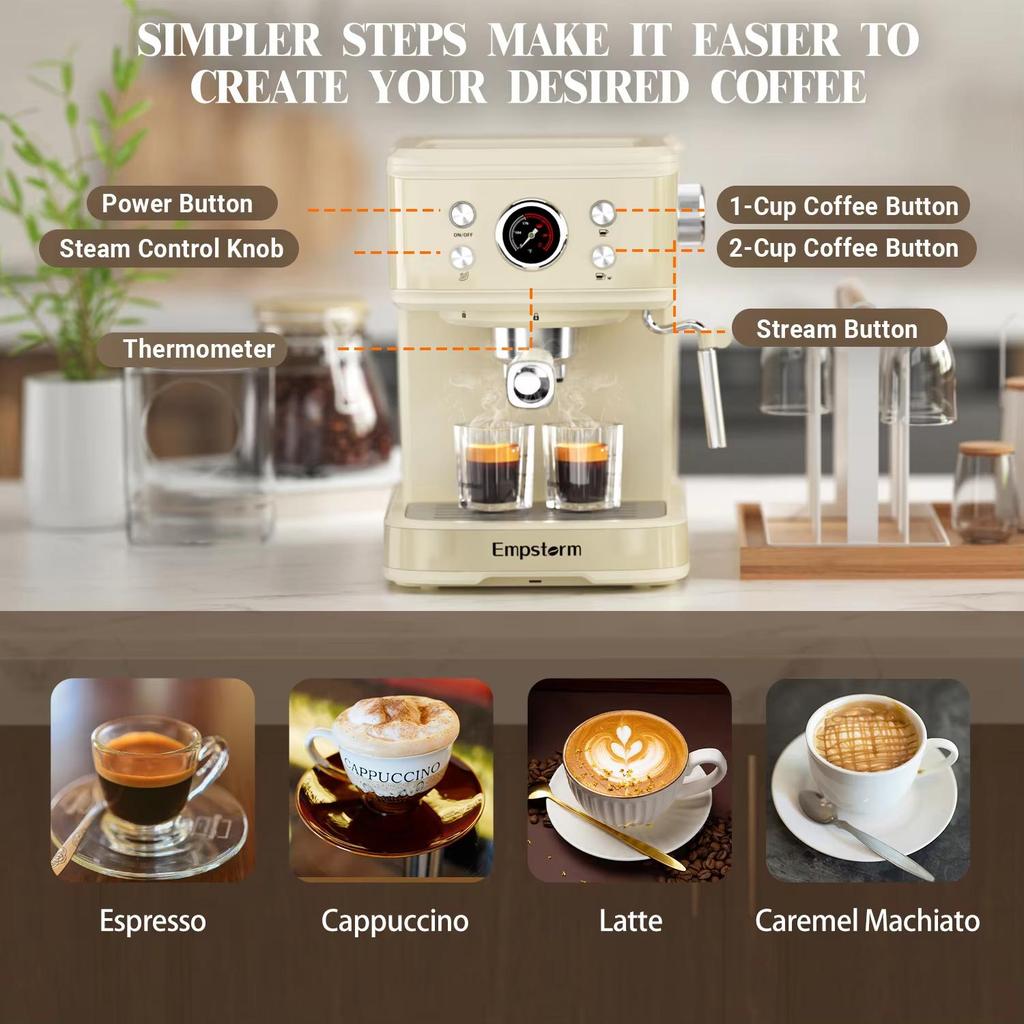 Empstorm 04E Portable Coffee Machine 20 Bar Semi-Automatic Espresso Machine Home Office Coffee Machines with Visible Water Tank