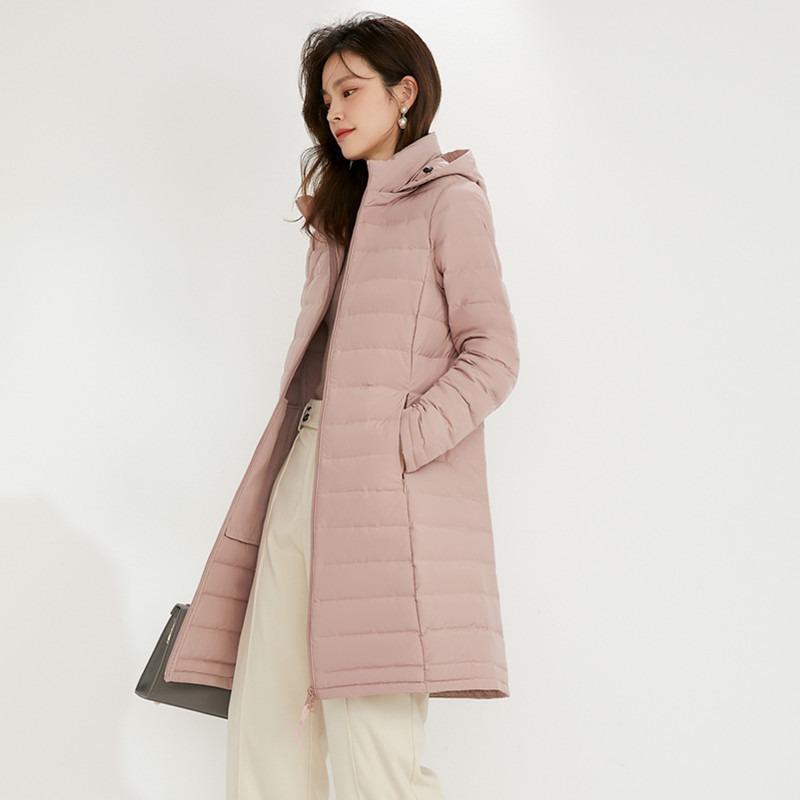Down Jacket Women's Medium and Long Winter New Light White Duck Down Hooded Slim and Thin Coat Tide
