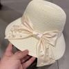 Summer sun protection hat, fashionable and versatile, pearl bow, wide-brimmed straw hat for women, travel bucket hat, sun hat, fisherman hat