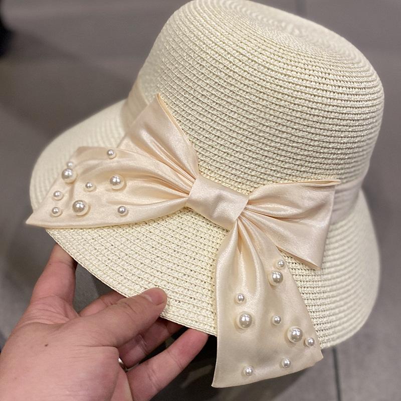 Summer sun protection hat, fashionable and versatile, pearl bow, wide-brimmed straw hat for women, travel bucket hat, sun hat, fisherman hat