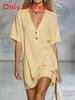 Cotton Linen Summer Dress For Women With Vneck Halfopen Collar Casual Aline Style