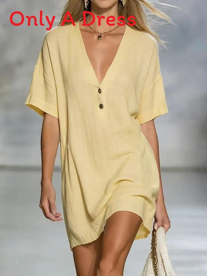 Cotton Linen Summer Dress For Women With Vneck Halfopen Collar Casual Aline Style