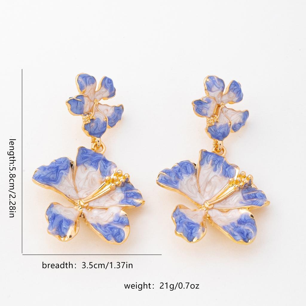 Design Zweilagige Hibiskusblüten-Ohrringe, Leichter Luxus Blau und Weiß Blühend Urlaubsstil Hochwertige Ohrringe