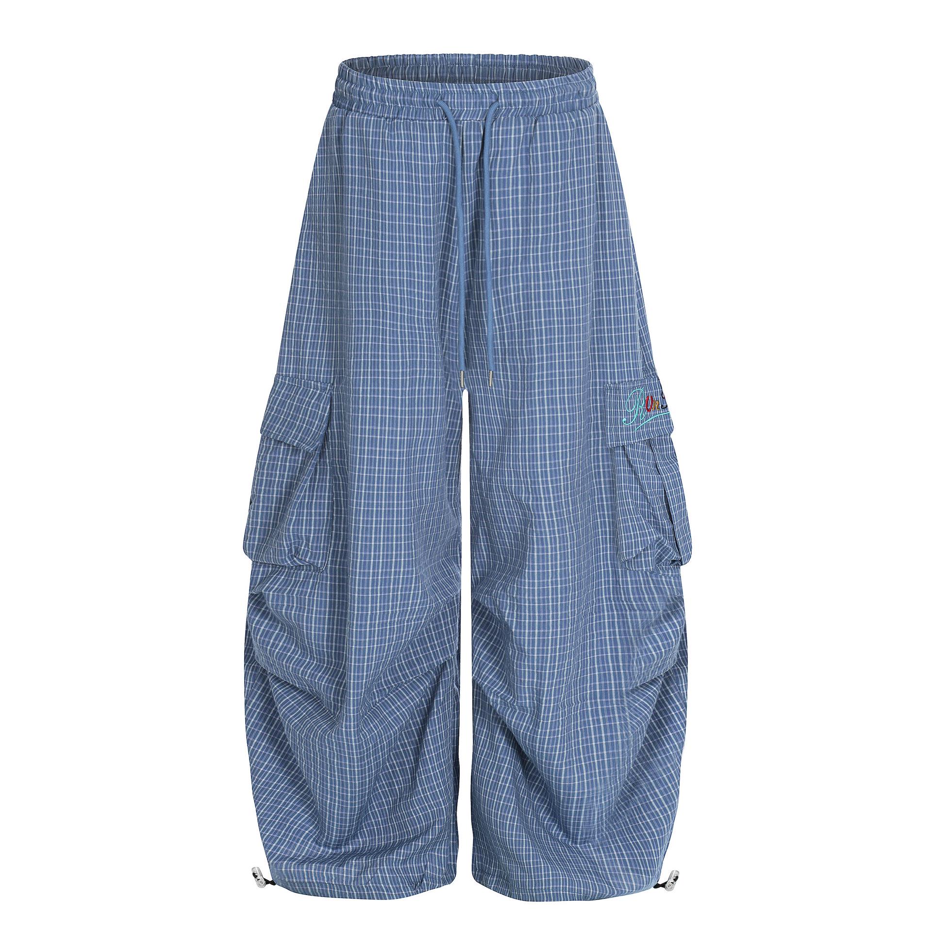 

Summer Retro Plaid Floor-Length Wide-Leg Cargo Pants Medium синій