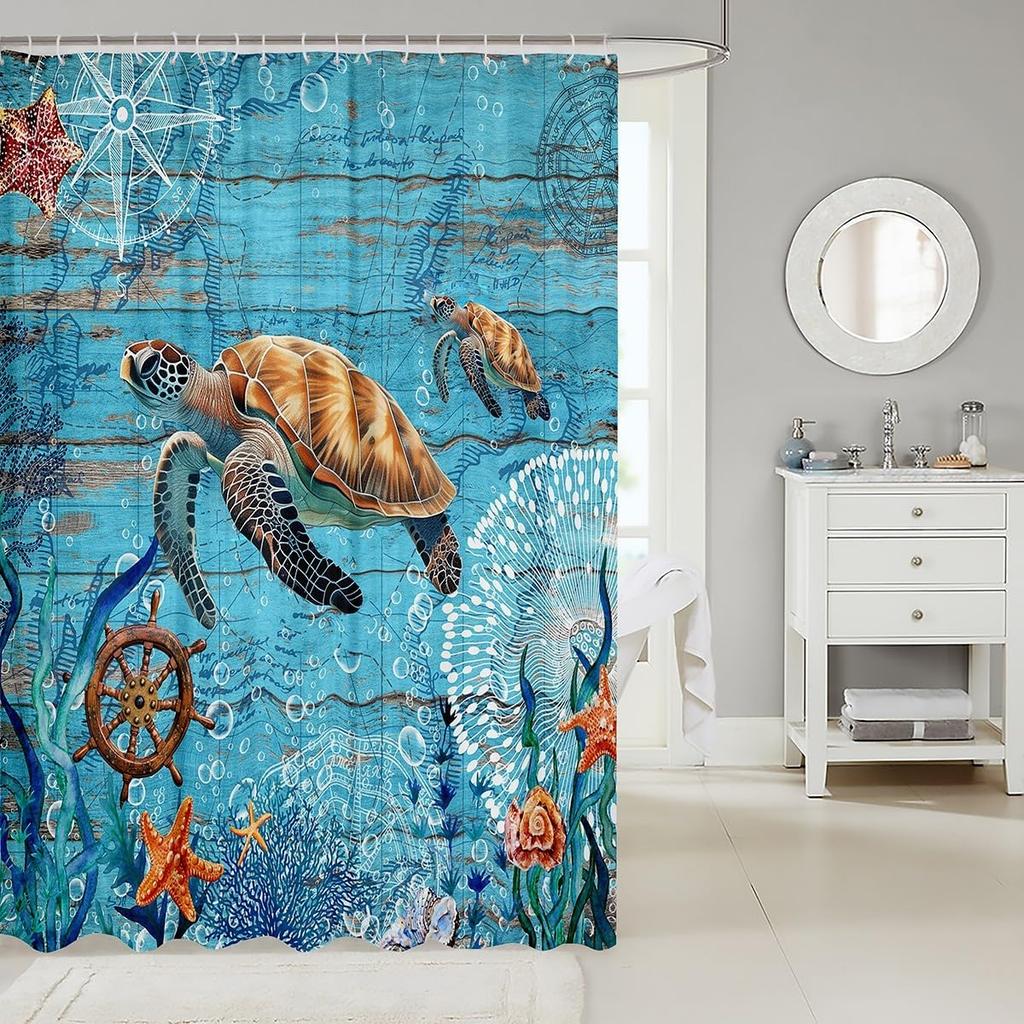Sea Turtle Shower Curtain Ocean Theme Nautical Decor Marine Life Art Beach Bathroom Linen160X200