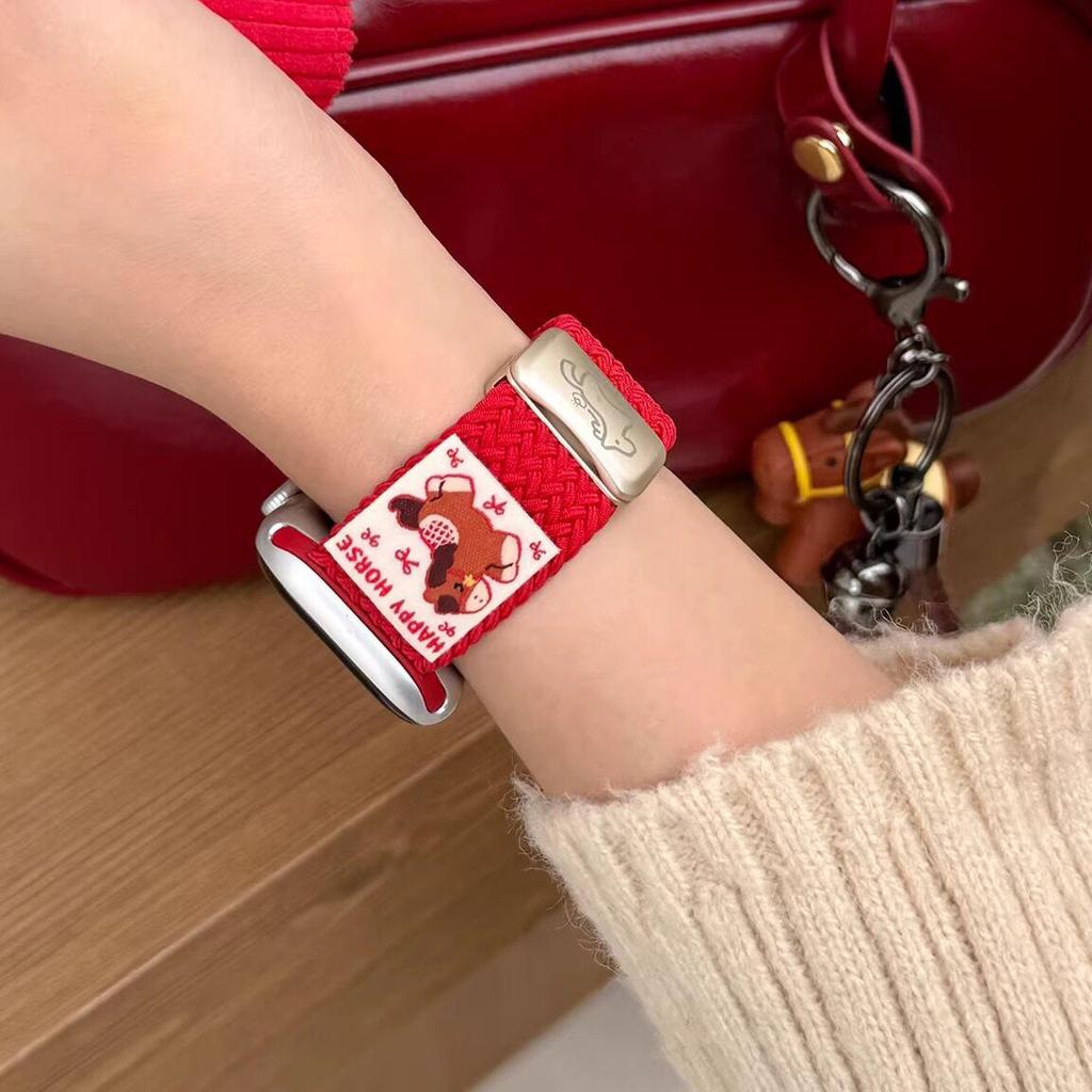 Year of the Horse Red Nylon Watch Band for Apple S11, Magnetic Buckle, Cute Design, Compatible with Series 10/9/8/7
