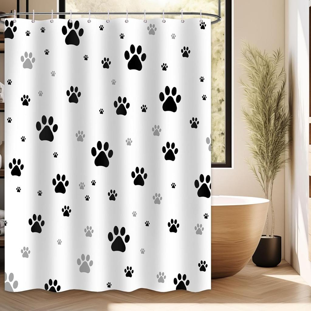 Paw Print Shower Curtain Dog Cat Black And White Funny Kids Bathroom Decor, Waterproof Cloth Fabric With Hooks (60" W X 72" L)