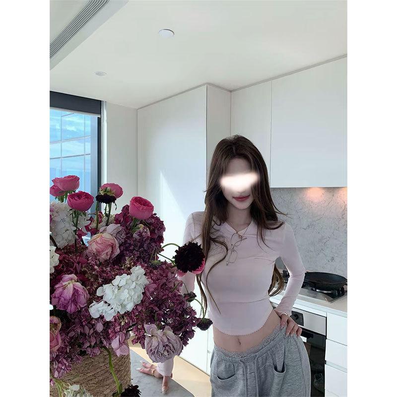 

Женский топ с кружевной отделкой из смесовой ткани тенсел с длинным рукавом и свободные повседневные брюки широкими штанинами для весны/лета Small