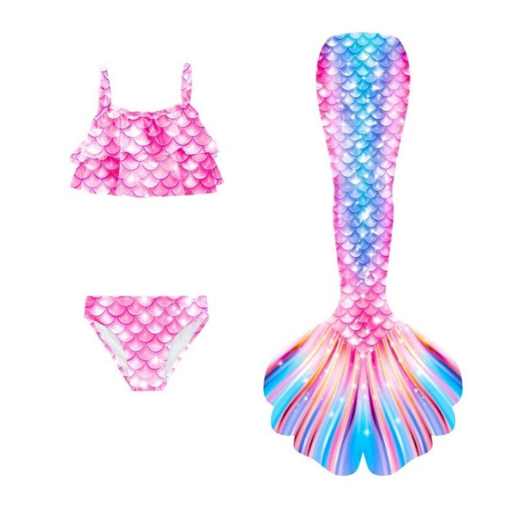 3Pcs Girls Mermaid Tail Swimsuit Children Memaid Swimwear Bikini Bathing Suit Halloween Costume Princess Beach Party Clothing